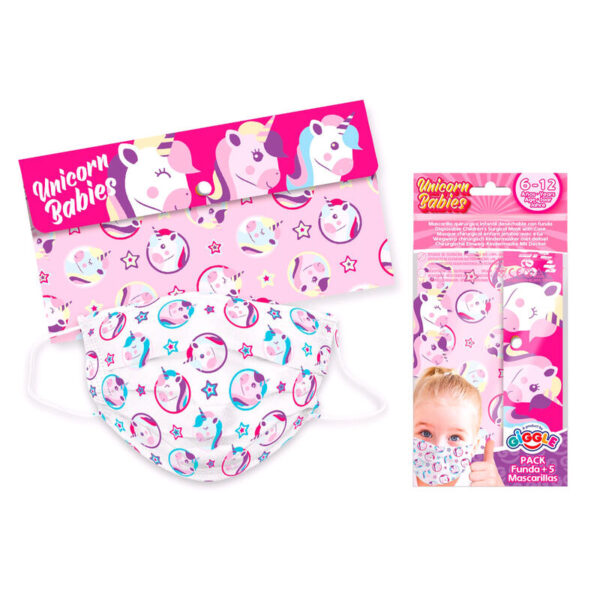 Set 5 mascarillas infantiles quirurgicas desechables + estuche Unicornio